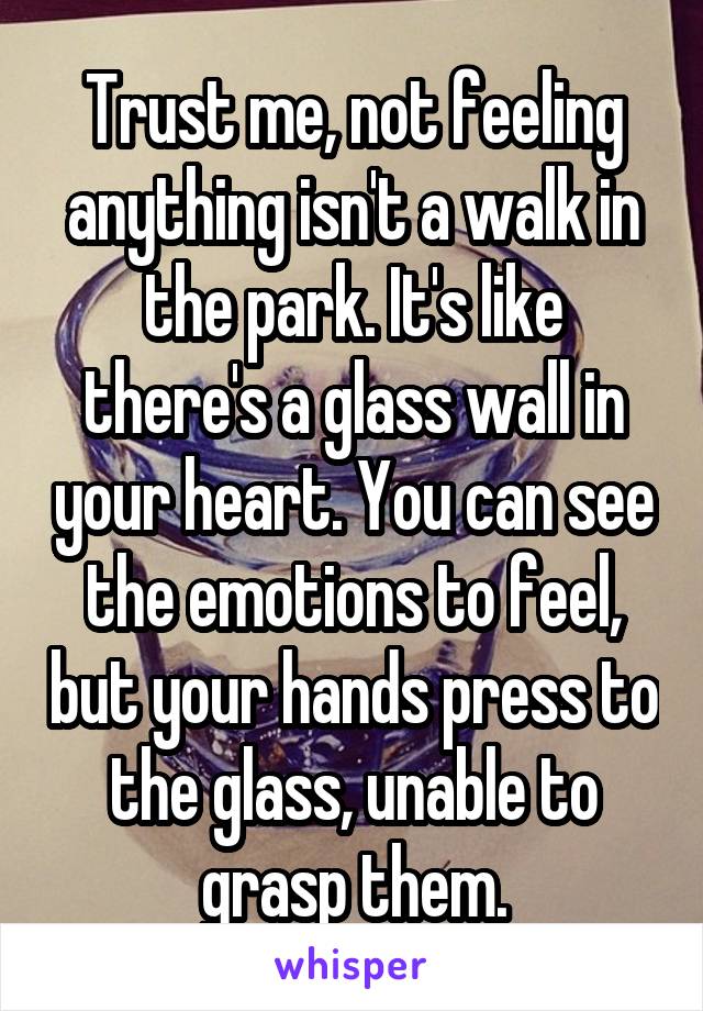 Trust me, not feeling anything isn't a walk in the park. It's like there's a glass wall in your heart. You can see the emotions to feel, but your hands press to the glass, unable to grasp them.