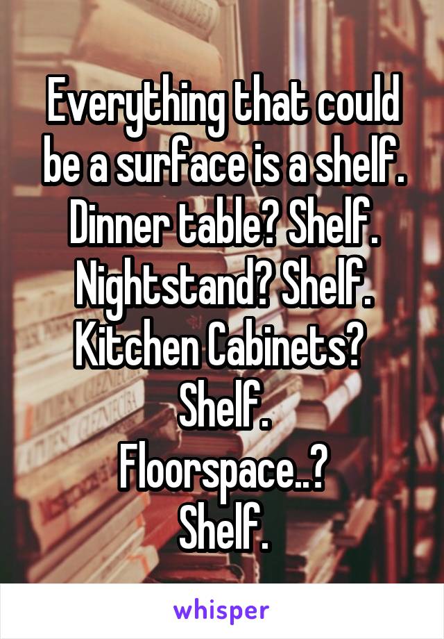 Everything that could be a surface is a shelf. Dinner table? Shelf.
Nightstand? Shelf.
Kitchen Cabinets? 
Shelf.
Floorspace..?
Shelf.