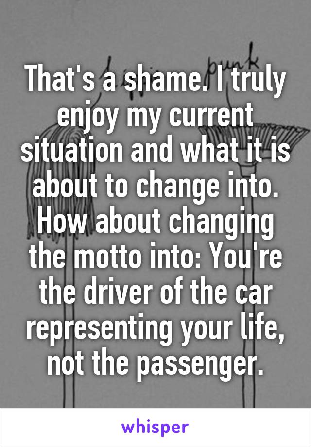 That's a shame. I truly enjoy my current situation and what it is about to change into.
How about changing the motto into: You're the driver of the car representing your life, not the passenger.