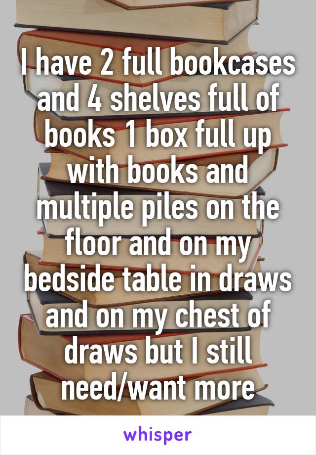 I have 2 full bookcases and 4 shelves full of books 1 box full up with books and multiple piles on the floor and on my bedside table in draws and on my chest of draws but I still need/want more