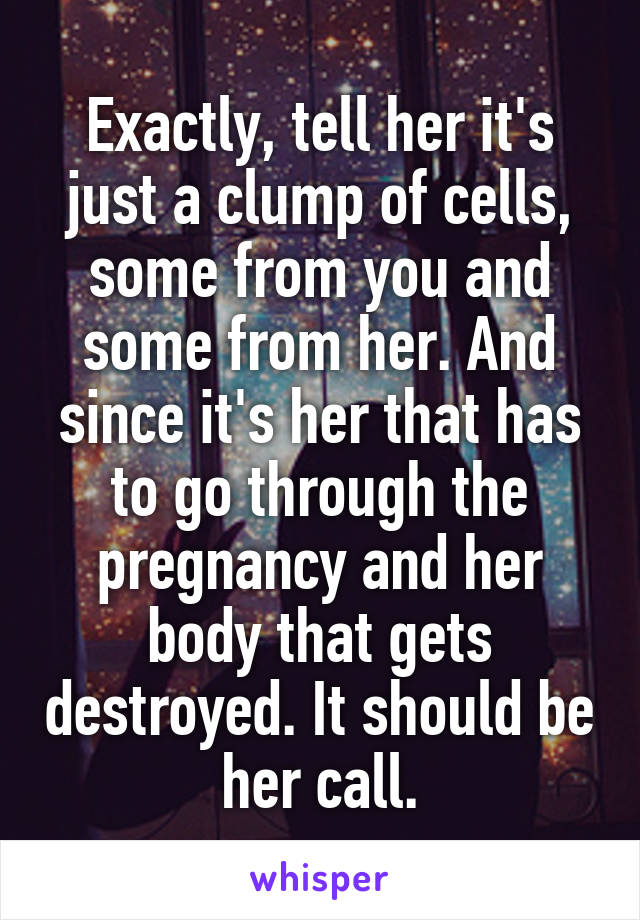 Exactly, tell her it's just a clump of cells, some from you and some from her. And since it's her that has to go through the pregnancy and her body that gets destroyed. It should be her call.