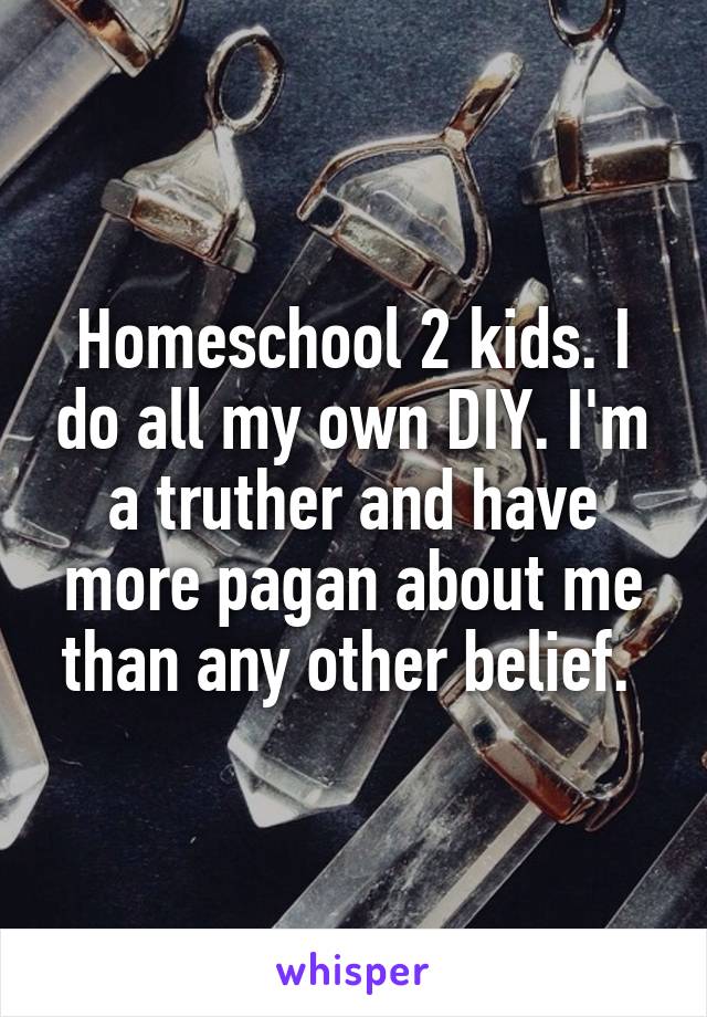 Homeschool 2 kids. I do all my own DIY. I'm a truther and have more pagan about me than any other belief. 