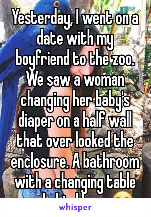 Yesterday, I went on a date with my boyfriend to the zoo. We saw a woman changing her baby's diaper on a half wall that over looked the enclosure. A bathroom with a changing table was behind her...😑