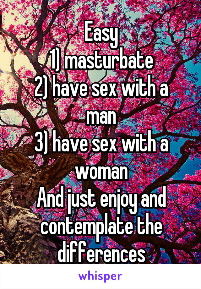 Easy
1) masturbate
2) have sex with a man
3) have sex with a woman
And just enjoy and contemplate the differences