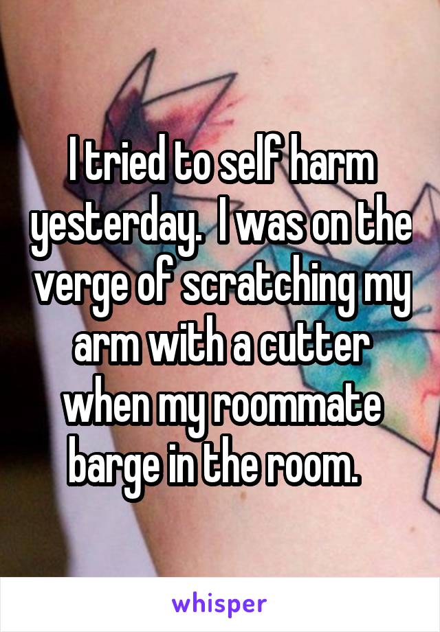 I tried to self harm yesterday.  I was on the verge of scratching my arm with a cutter when my roommate barge in the room.  