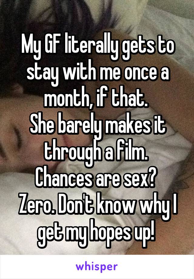My GF literally gets to stay with me once a month, if that. 
She barely makes it through a film. 
Chances are sex? 
Zero. Don't know why I get my hopes up! 