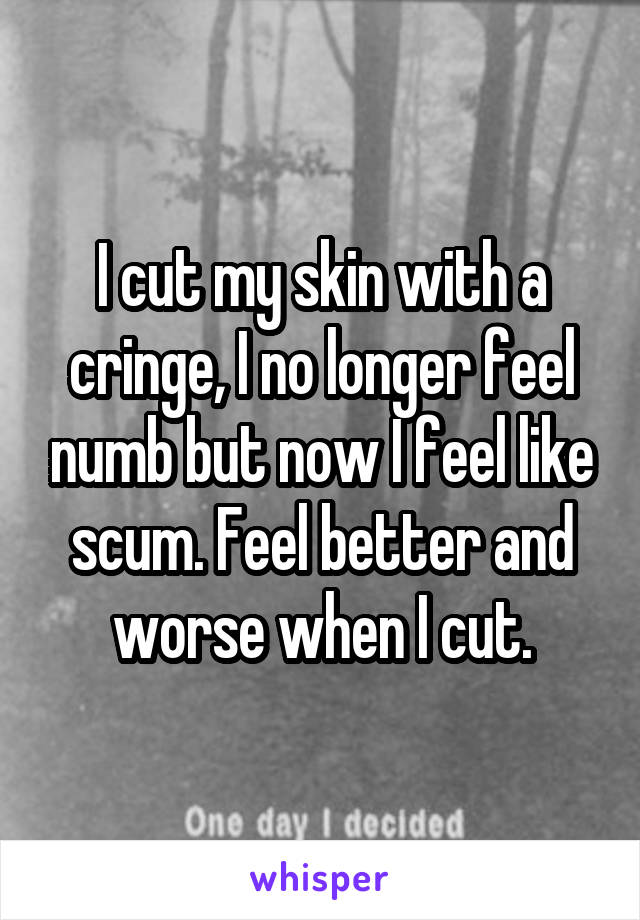 I cut my skin with a cringe, I no longer feel numb but now I feel like scum. Feel better and worse when I cut.