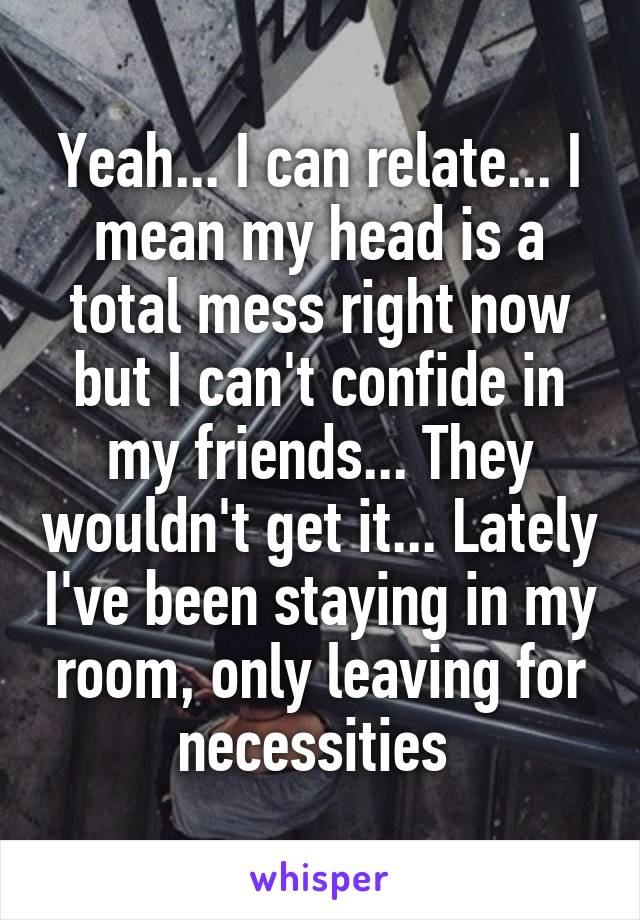 Yeah... I can relate... I mean my head is a total mess right now but I can't confide in my friends... They wouldn't get it... Lately I've been staying in my room, only leaving for necessities 