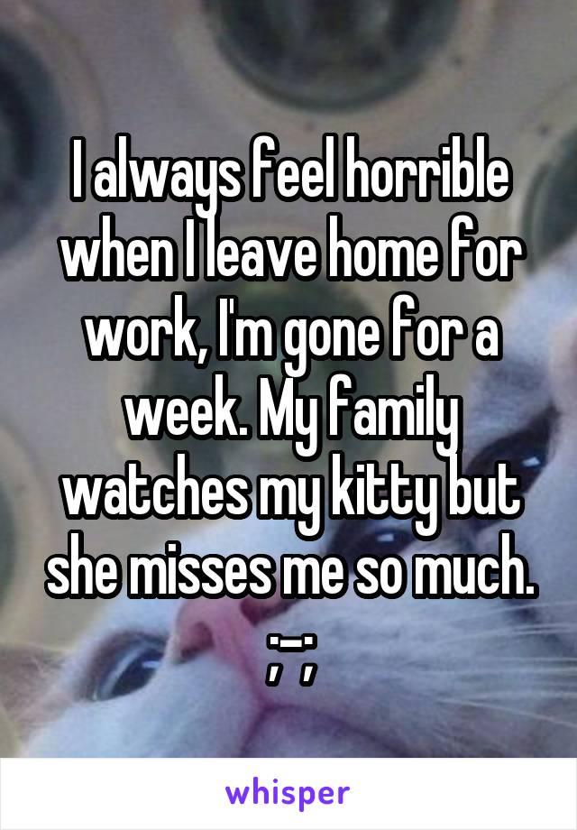 I always feel horrible when I leave home for work, I'm gone for a week. My family watches my kitty but she misses me so much. ;-;