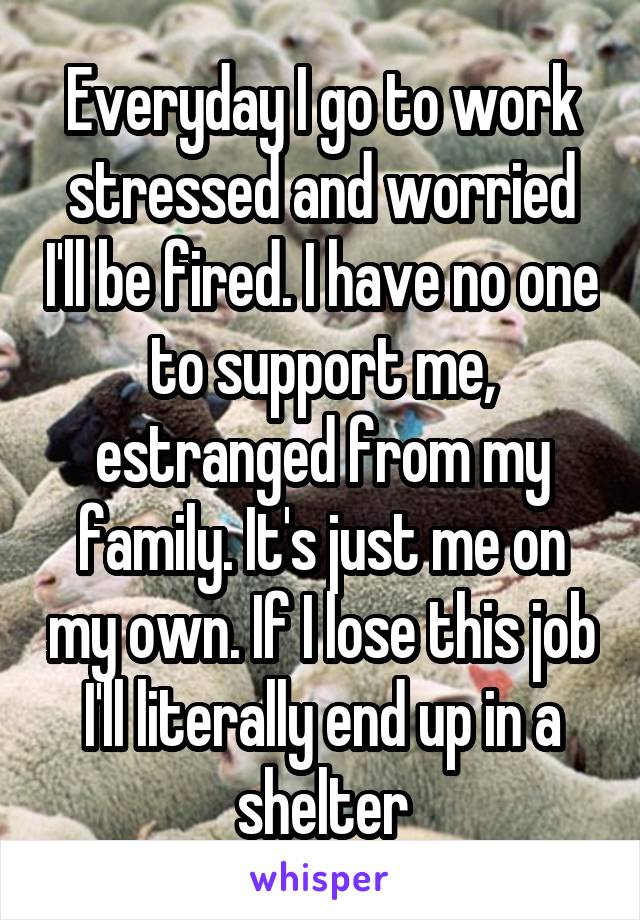 Everyday I go to work stressed and worried I'll be fired. I have no one to support me, estranged from my family. It's just me on my own. If I lose this job I'll literally end up in a shelter