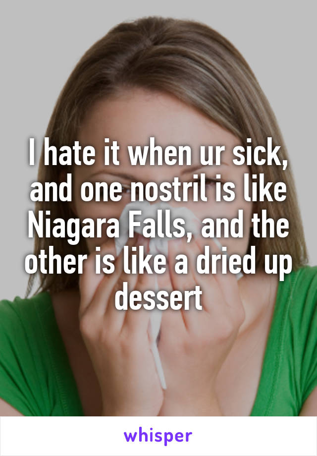 I hate it when ur sick, and one nostril is like Niagara Falls, and the other is like a dried up dessert