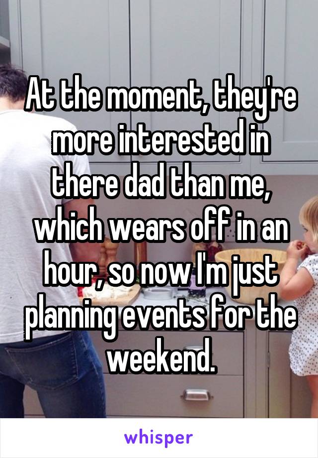 At the moment, they're more interested in there dad than me, which wears off in an hour, so now I'm just planning events for the weekend.