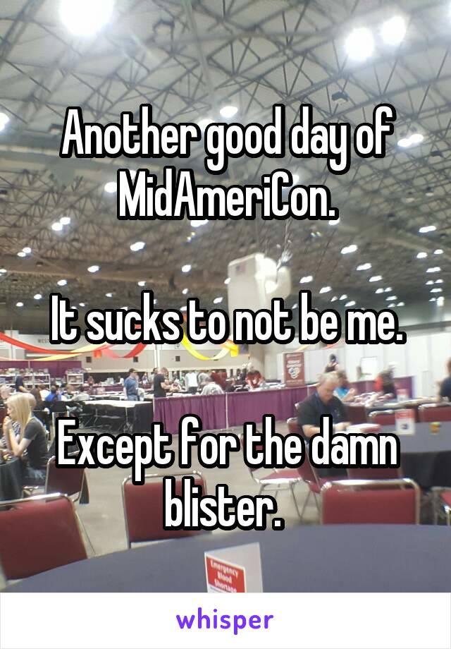 Another good day of MidAmeriCon.

It sucks to not be me.

Except for the damn blister. 