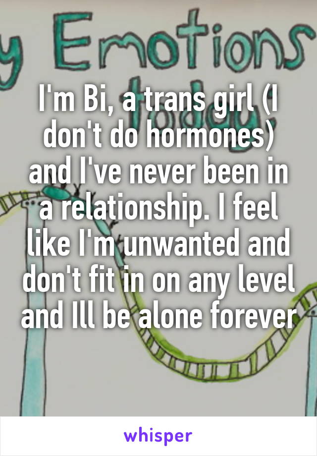 I'm Bi, a trans girl (I don't do hormones) and I've never been in a relationship. I feel like I'm unwanted and don't fit in on any level and Ill be alone forever 