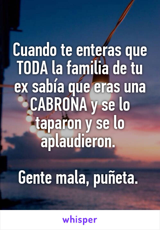 Cuando te enteras que TODA la familia de tu ex sabía que eras una CABRONA y se lo taparon y se lo aplaudieron. 

Gente mala, puñeta. 