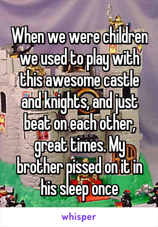 When we were children we used to play with this awesome castle and knights, and just beat on each other, great times. My brother pissed on it in his sleep once