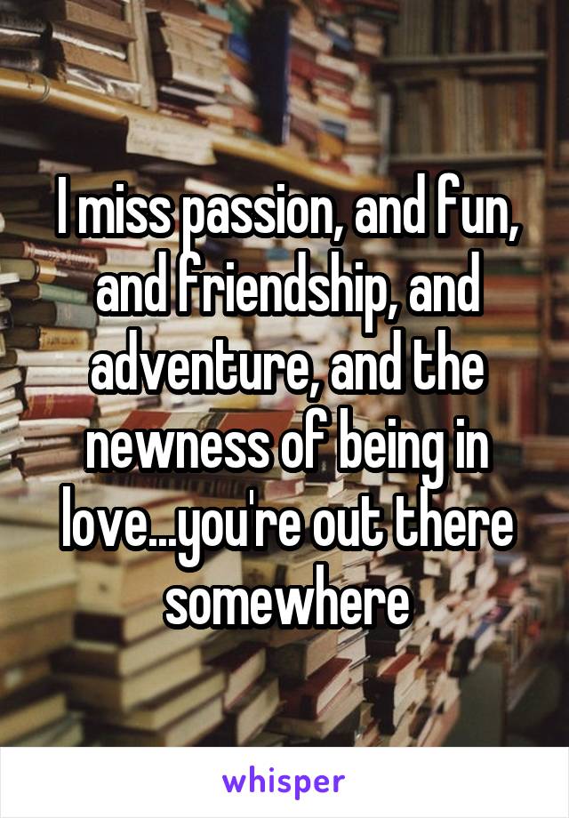 I miss passion, and fun, and friendship, and adventure, and the newness of being in love...you're out there somewhere