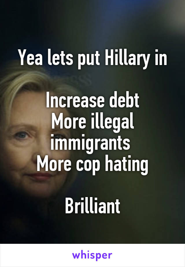 Yea lets put Hillary in

Increase debt
More illegal immigrants 
More cop hating

Brilliant