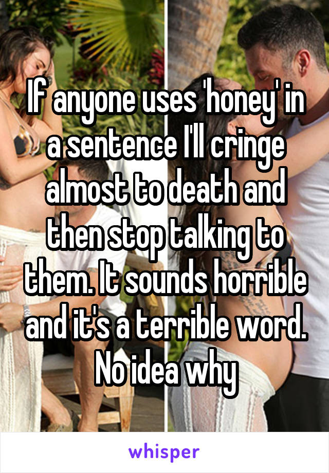 If anyone uses 'honey' in a sentence I'll cringe almost to death and then stop talking to them. It sounds horrible and it's a terrible word. No idea why