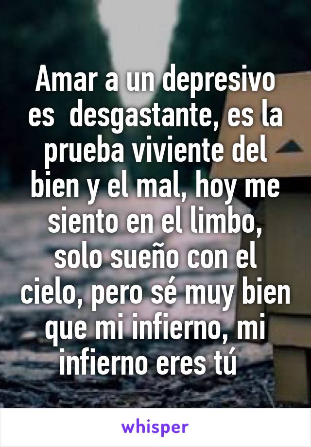 Amar a un depresivo es  desgastante, es la prueba viviente del bien y el mal, hoy me siento en el limbo, solo sueño con el cielo, pero sé muy bien que mi infierno, mi infierno eres tú  