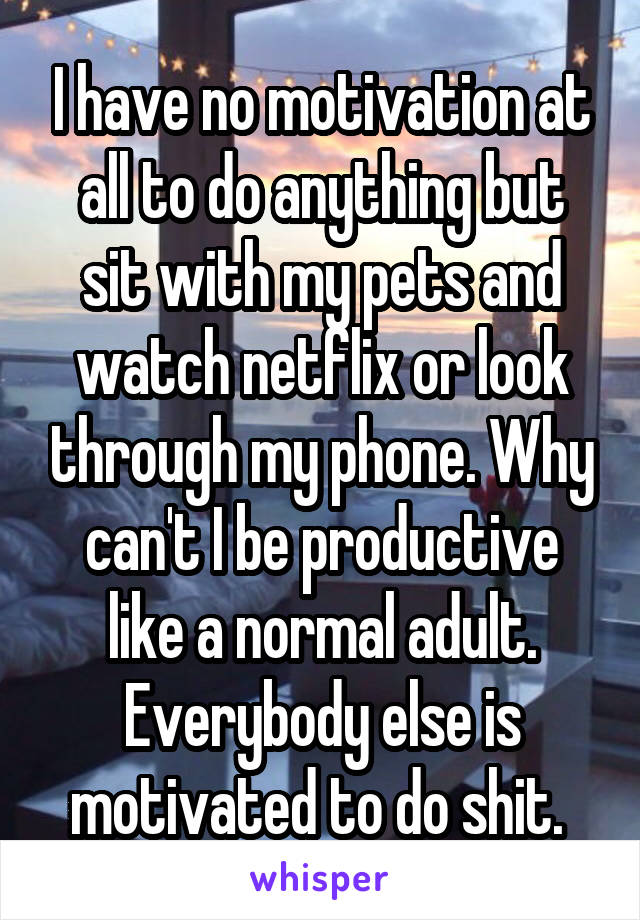 I have no motivation at all to do anything but sit with my pets and watch netflix or look through my phone. Why can't I be productive like a normal adult. Everybody else is motivated to do shit. 