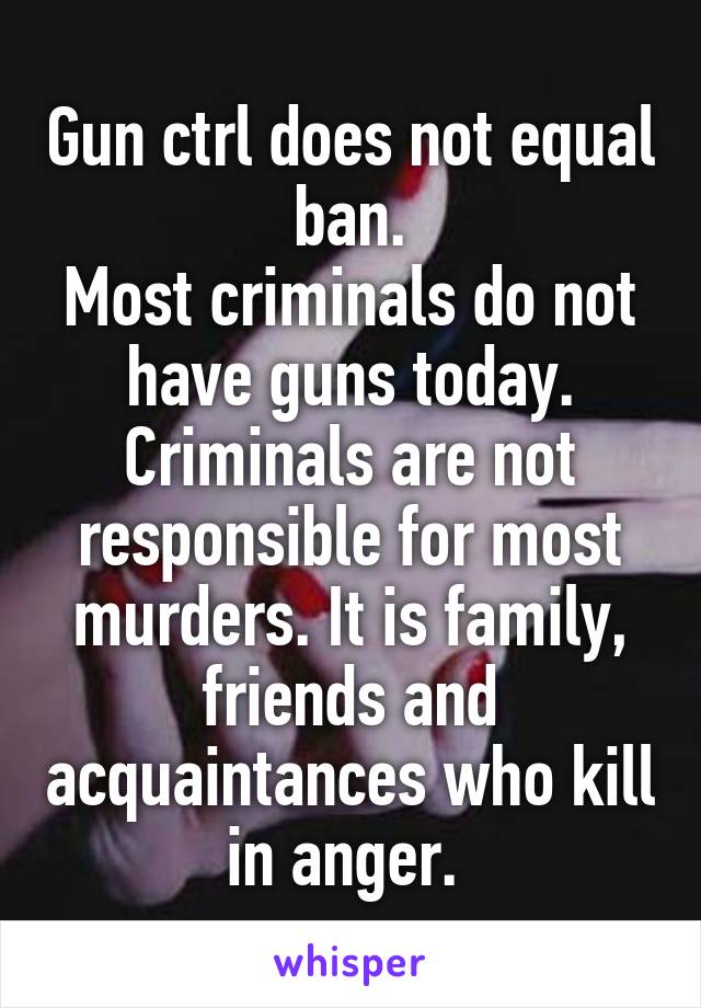 Gun ctrl does not equal ban.
Most criminals do not have guns today.
Criminals are not responsible for most murders. It is family, friends and acquaintances who kill in anger. 