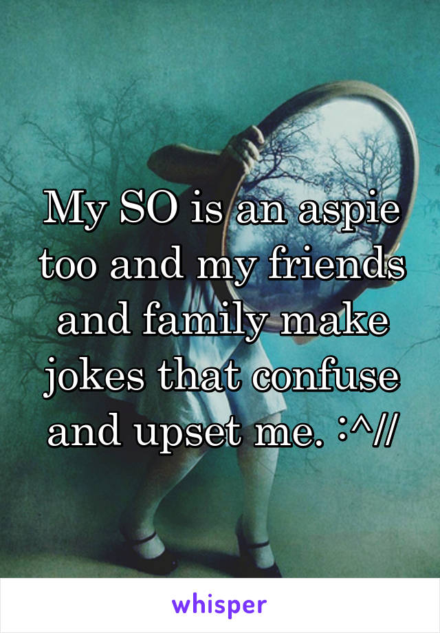 My SO is an aspie too and my friends and family make jokes that confuse and upset me. :^//