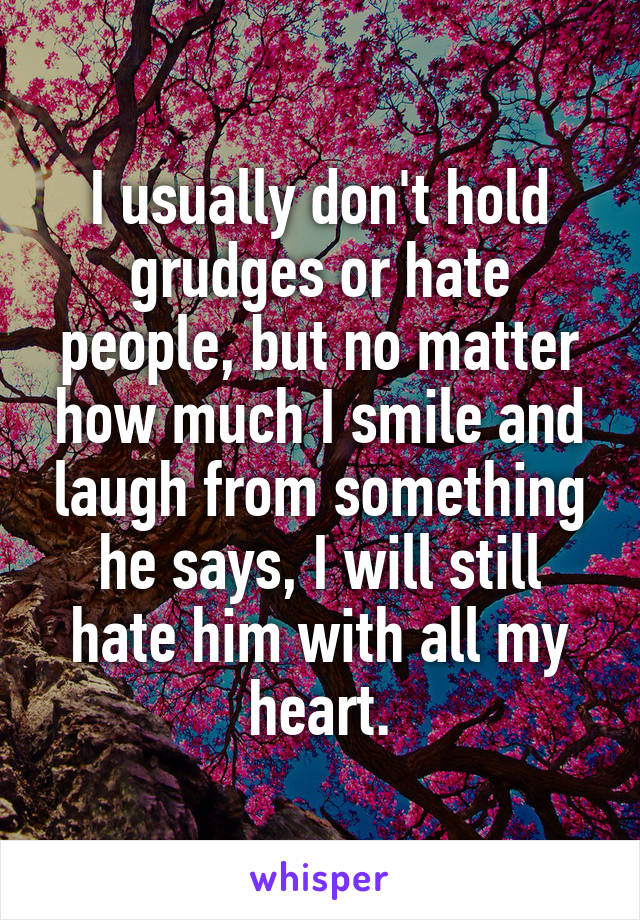 I usually don't hold grudges or hate people, but no matter how much I smile and laugh from something he says, I will still hate him with all my heart.