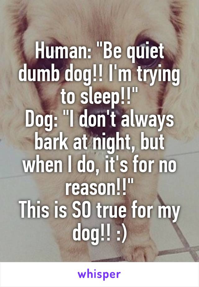 Human: "Be quiet dumb dog!! I'm trying to sleep!!"
Dog: "I don't always bark at night, but when I do, it's for no reason!!"
This is SO true for my dog!! :)