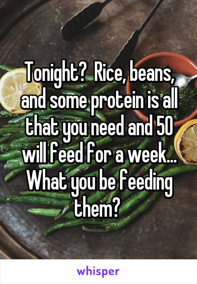 Tonight?  Rice, beans, and some protein is all that you need and 50 will feed for a week... What you be feeding them? 