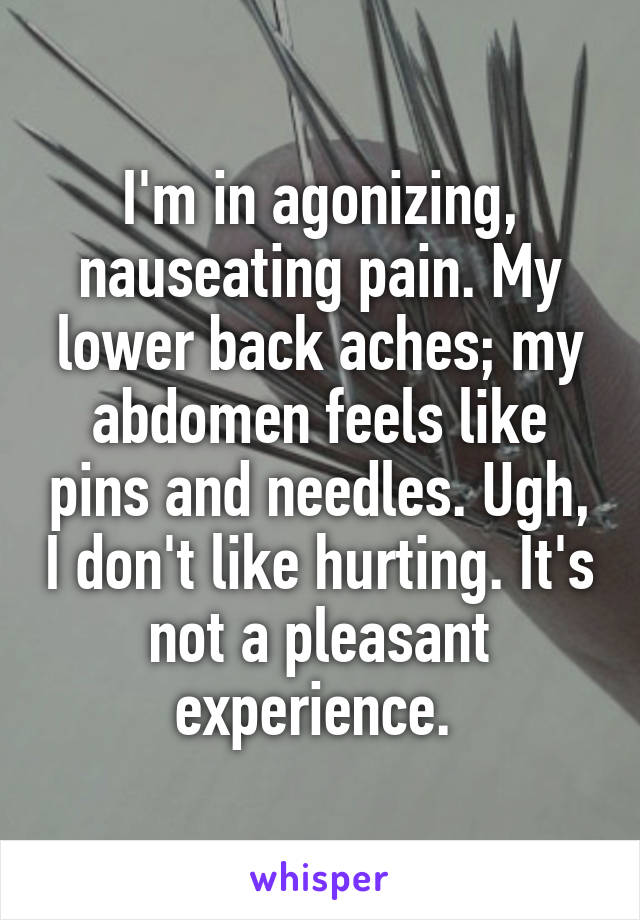 I'm in agonizing, nauseating pain. My lower back aches; my abdomen feels like pins and needles. Ugh, I don't like hurting. It's not a pleasant experience. 