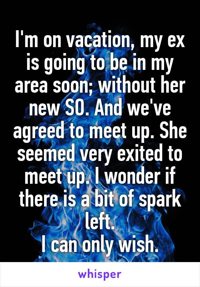 I'm on vacation, my ex is going to be in my area soon; without her new SO. And we've agreed to meet up. She seemed very exited to meet up. I wonder if there is a bit of spark left.
I can only wish.