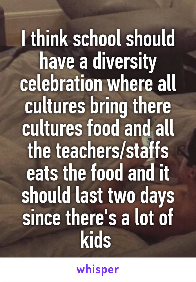 I think school should have a diversity celebration where all cultures bring there cultures food and all the teachers/staffs eats the food and it should last two days since there's a lot of kids 