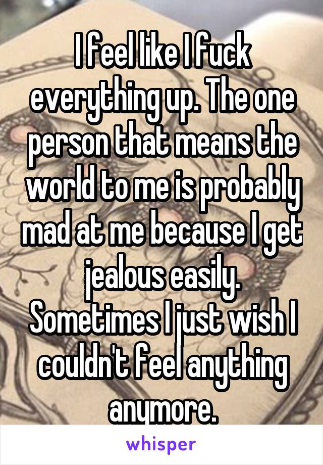 I feel like I fuck everything up. The one person that means the world to me is probably mad at me because I get jealous easily. Sometimes I just wish I couldn't feel anything anymore.