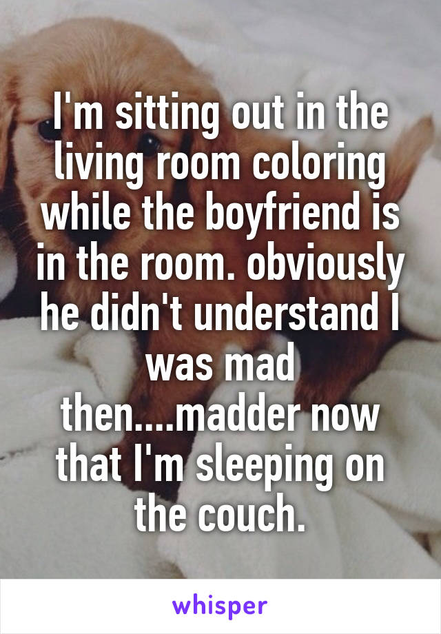 I'm sitting out in the living room coloring while the boyfriend is in the room. obviously he didn't understand I was mad then....madder now that I'm sleeping on the couch.