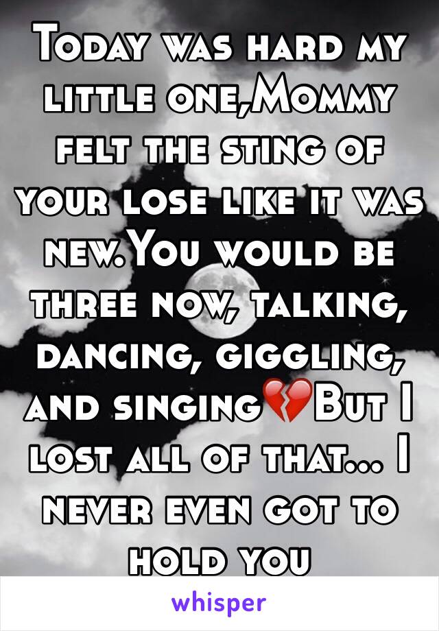 Today was hard my little one,Mommy felt the sting of your lose like it was new.You would be three now, talking, dancing, giggling, and singing💔But I lost all of that... I never even got to hold you