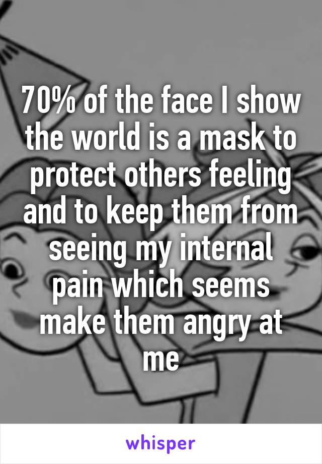 70% of the face I show the world is a mask to protect others feeling and to keep them from seeing my internal pain which seems make them angry at me