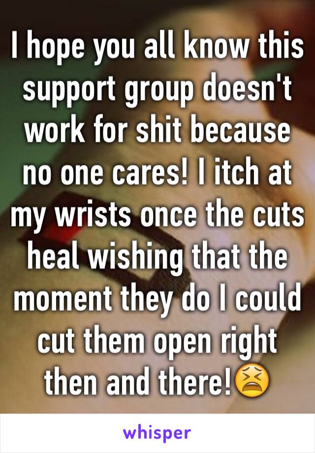 I hope you all know this support group doesn't work for shit because no one cares! I itch at my wrists once the cuts heal wishing that the moment they do I could cut them open right then and there!😫