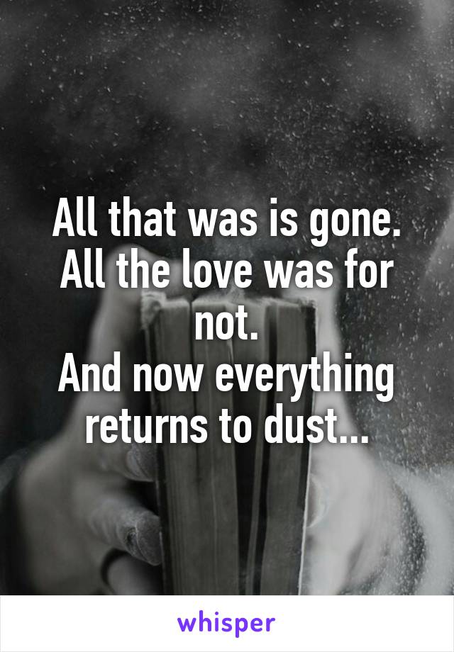 All that was is gone.
All the love was for not.
And now everything returns to dust...