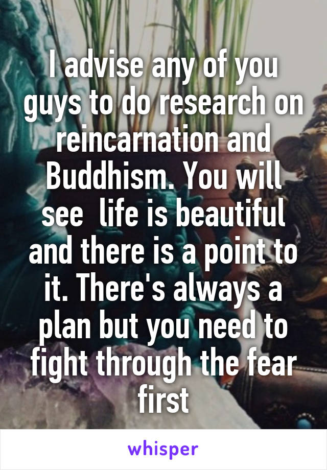 I advise any of you guys to do research on reincarnation and Buddhism. You will see  life is beautiful and there is a point to it. There's always a plan but you need to fight through the fear first