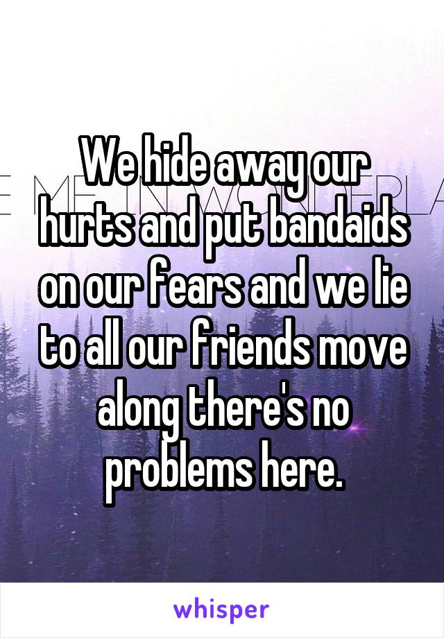 We hide away our hurts and put bandaids on our fears and we lie to all our friends move along there's no problems here.