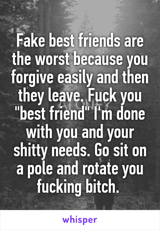 Fake best friends are the worst because you forgive easily and then they leave. Fuck you "best friend" I'm done with you and your shitty needs. Go sit on a pole and rotate you fucking bitch. 