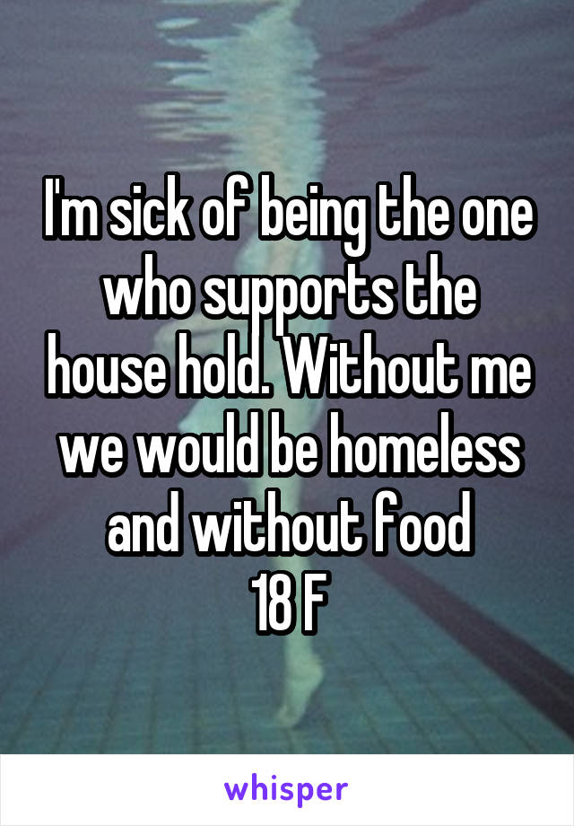 I'm sick of being the one who supports the house hold. Without me we would be homeless and without food
18 F