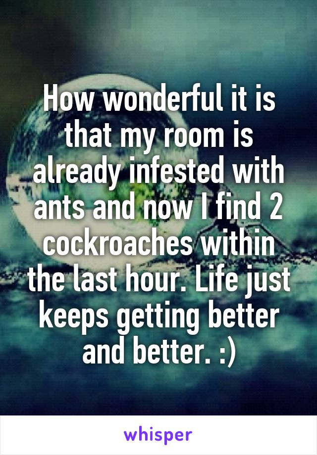 How wonderful it is that my room is already infested with ants and now I find 2 cockroaches within the last hour. Life just keeps getting better and better. :)