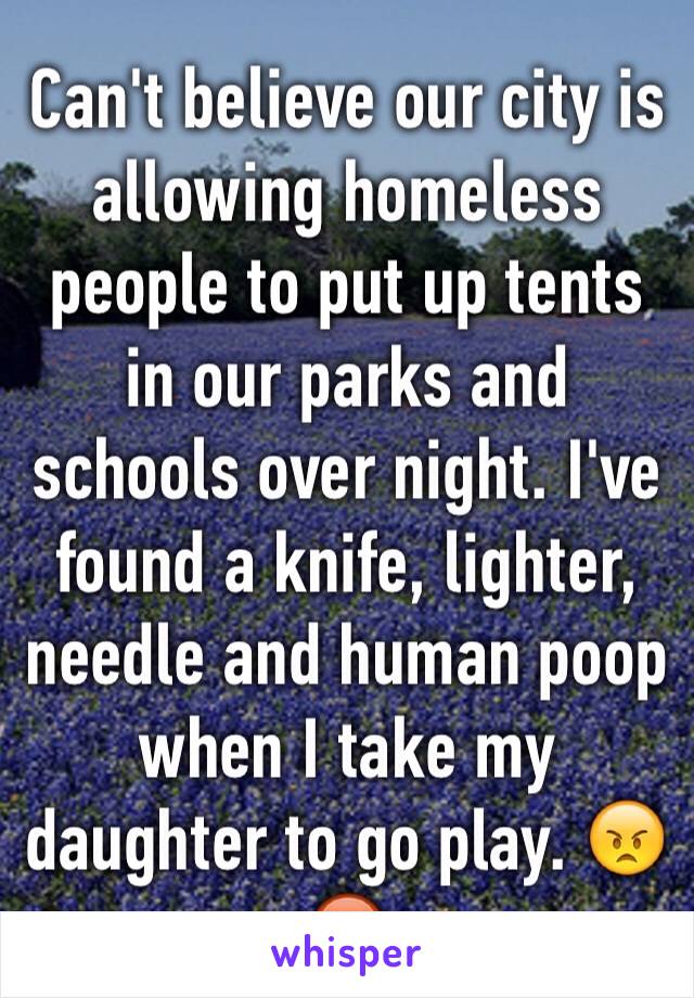 Can't believe our city is allowing homeless people to put up tents in our parks and schools over night. I've found a knife, lighter, needle and human poop when I take my daughter to go play. 😠😡