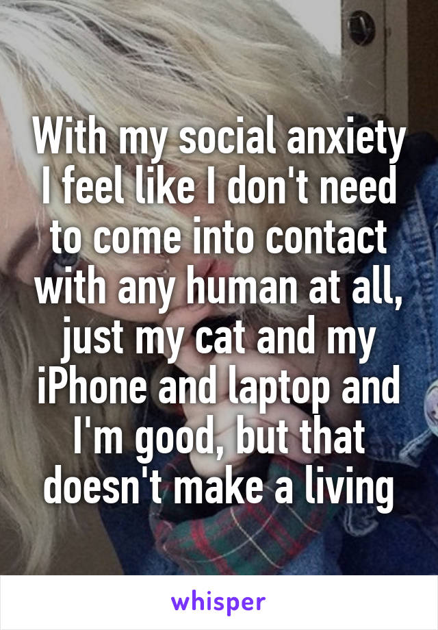 With my social anxiety I feel like I don't need to come into contact with any human at all, just my cat and my iPhone and laptop and I'm good, but that doesn't make a living