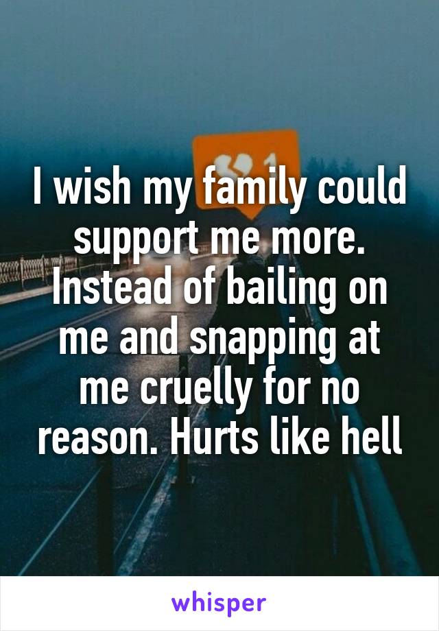 I wish my family could support me more. Instead of bailing on me and snapping at me cruelly for no reason. Hurts like hell