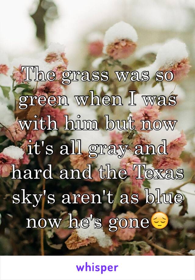 The grass was so green when I was with him but now it's all gray and hard and the Texas sky's aren't as blue now he's gone😔