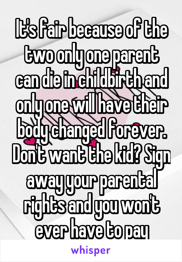 It's fair because of the two only one parent can die in childbirth and only one will have their body changed forever. Don't want the kid? Sign away your parental rights and you won't ever have to pay