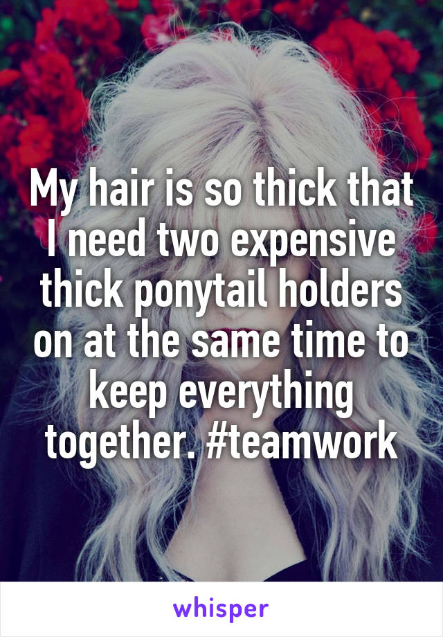 My hair is so thick that I need two expensive thick ponytail holders on at the same time to keep everything together. #teamwork